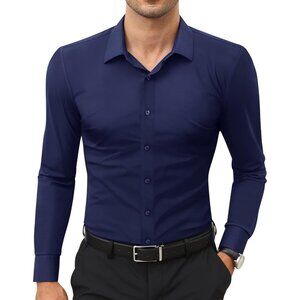 Men Navy Long Sleeve Slim Muscle Fit Wrinkle Free Button Down Dress Shirts